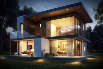 Fototapeta premium haus, architektur, smart, home, modern, fenster, glas, luxus, garten, beleuchtung, netzwerk, gebäude, wohnen, wohnung, bluetooth, gadget, homeoffice, offen, internet, wlan, vernetzung, nacht, licht, s