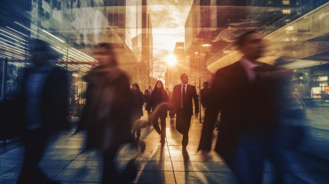 Time Lapse Of Business People Walking In The City. Blur Effect. Office Skyscraper. Generative AI