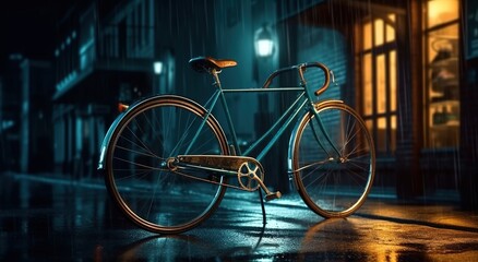 Silhouette of a parked bicycle in a park on a foggy night in autumn