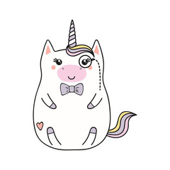 Cute funny gentleman unicorn cartoon character illustration. Hand drawn kawaii style design, line art, drawing, isolated vector. Kids print element