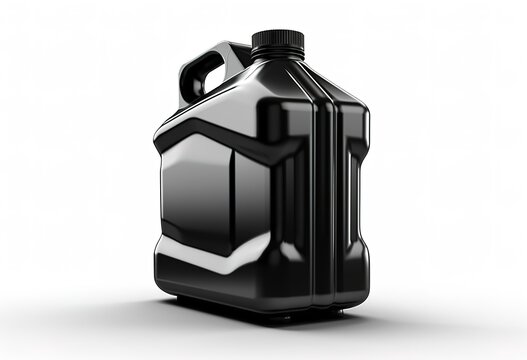 black plastic container on a white background, canister of oil or gasoline