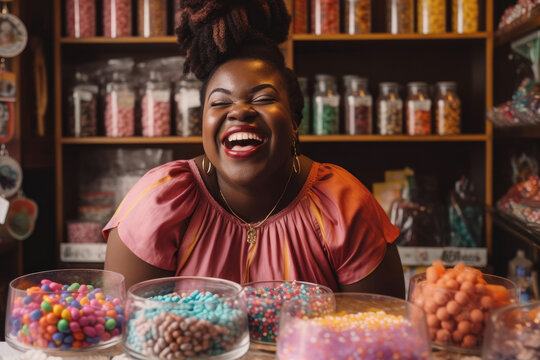 Generative AI image of happy black woman with closed eyes at table with sweets and candies in shop against blurred background