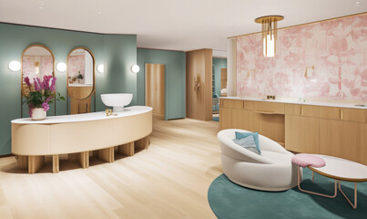 Generative AI image of interior design of spacious reception counter with laminated floor and carpet with cozy sofa center table and mirrors near desk