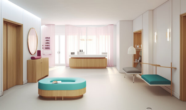 Generative AI image of interior design of spacious lobby and reception of hotel decorated with curtain guest relaxing places and mirror above cabinet
