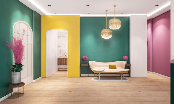 Generative AI image of interior design of spacious multicolored walls living room with laminated floor and decorative hanging lamps, sofa and plant