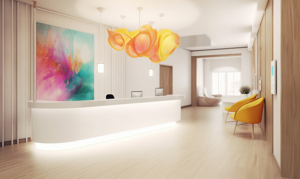 Generative AI image of interior design of spacious reception counter with multicolored wall picture and chairs while illuminated with lights