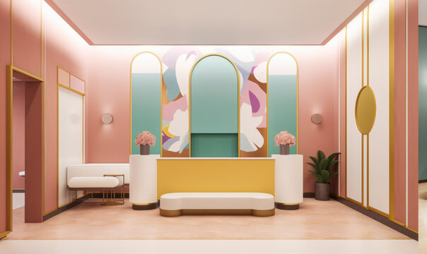 Generative AI image of interior design of reception counter with mirrors on floor while area with pink colored walls illuminated with lamps