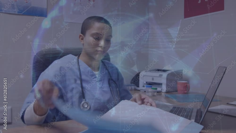 Sticker Animation of data processing over biracial female doctor checking files at desk