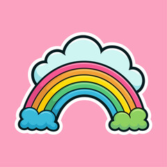 Vector flat style cute cartoon illustration cloud with rainbow sticker isolated on white background. Cool trendy sticker for child