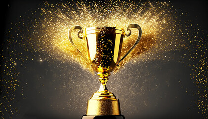 Champion golden trophy isolated on black background. Concept of success and achievement. Gold glitters explosion. Generative AI