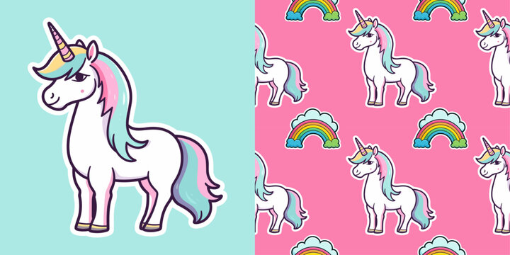 Vector trendy fairy cute cartoon beautiful unicorn pattern seamless with stars unicorn character sticker background. Design for child card, t-shirt, pattern, print etc
