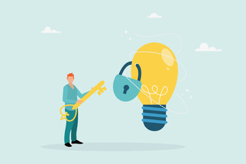 Unlock a new business idea, invent a new product or creativity concept, a guy holding a golden key is about to put the key into an idea light bulb. Vector flat style illustration.

