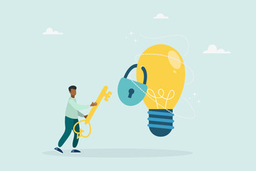 Unlock a new business idea, invent a new product or creativity concept, a guy holding a golden key is about to put the key into an idea light bulb. Vector flat style illustration. 