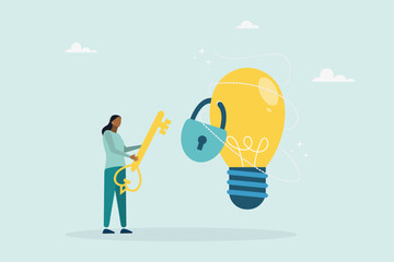Unlock a new business idea, invent a new product or creativity concept, a girl holding a golden key is about to insert the key into an idea light bulb. Vector flat style illustration.
