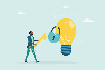 Unlock a new business idea, invent a new product or creativity concept, a guy holding a golden key is about to put the key into an idea light bulb. Vector flat style illustration.
