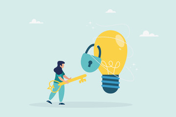 Unlock a new business idea, invent a new product or creativity concept, a girl holding a golden key is about to insert the key into an idea light bulb. Vector flat style illustration.
