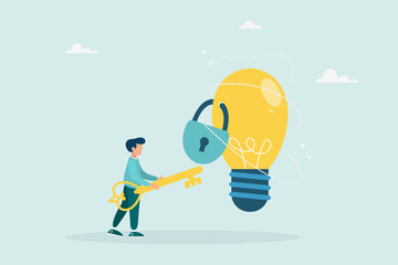 Unlock a new business idea, invent a new product or creativity concept, a guy holding a golden key is about to put the key into an idea light bulb. Vector flat style illustration.
