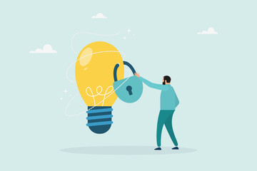 Intellectual property, patent protection, copyright reserved or product trademark. Owner standing with an idea of ​​a light bulb locked with a patent padlock. Vector illustration.

