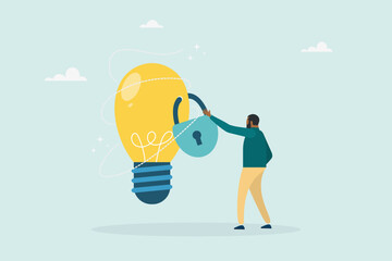 Intellectual property, patent protection, copyright reserved or product trademark. Owner standing with an idea of ​​a light bulb locked with a patent padlock. Vector illustration.
