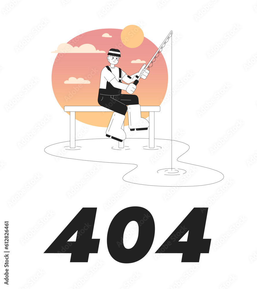 Poster fishing in sunset vector bw empty state illustration. editable 404 not found page for ux, ui design.