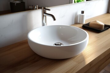 Fototapeta premium modern bathroom sink close up, minimal style, contemporary design, generative AI