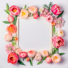 Fototapeta premium Photo frame of flowers. Wedding concept with flowers. For the design of greeting cards or invitations. Generative AI.