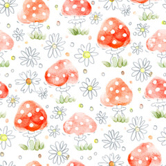 Seamless pattern with mushrooms and daisies. Children's drawing with colored pencils
