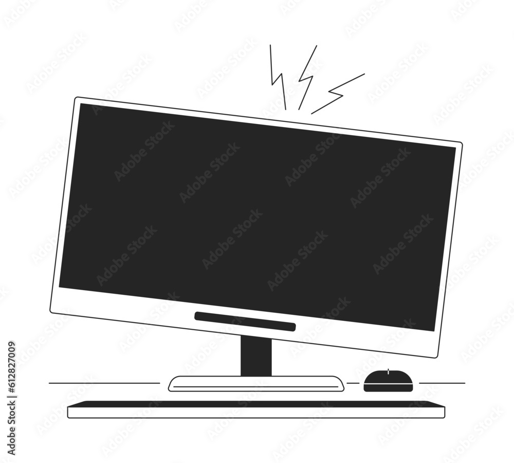 Poster computer monitor crackling flat monochrome isolated vector object. damaged desktop hardware. editabl