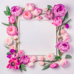 Photo frame of flowers. Wedding concept with flowers. For the design of greeting cards or invitations. Generative AI.