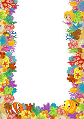 cartoon scene with coral reef and happy fishes swimming near mermaid princess isolated illustration for children
