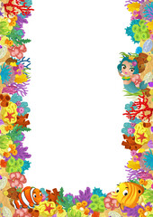 cartoon scene with coral reef and happy fishes swimming near mermaid princess isolated illustration for children