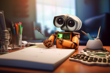 Cute writing assistant AI chatbot at work writing a novel or an essay in his study, Artificial Intelligence, tech and creativity concept.