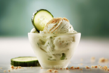 Generative AI. A glass bowl with vegan cucumber pickle ice cream balls on a white table with a green background. A trendy summer vegetarian treat eat