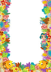cartoon scene with coral reef and happy fishes swimming near mermaid princess isolated illustration for children