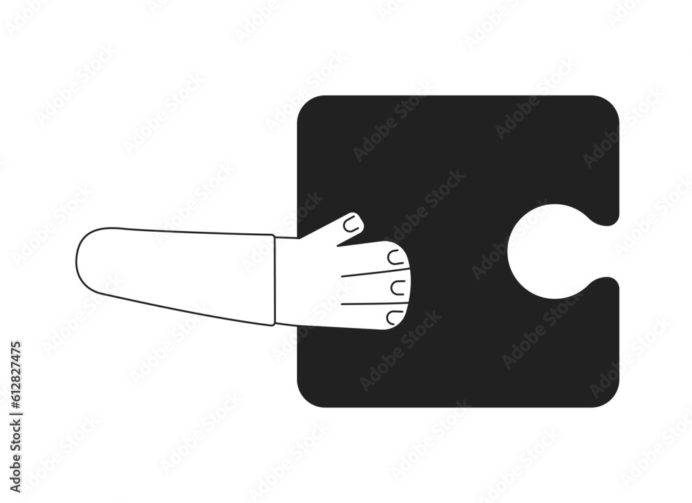 Poster jigsaw puzzle holding monochromatic flat vector hand. problem solving. education leisure. attach pie