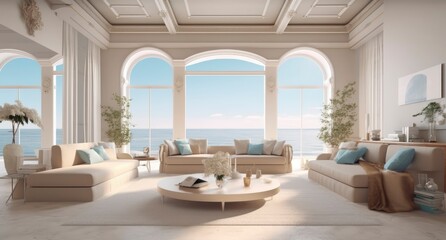 Fototapeta na wymiar Modern luxury home showcase living room with ocean view