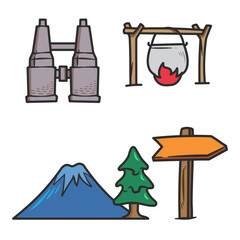 Camping vector color doodle icon cartoon set of objects and symbols