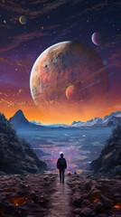 Fototapeta premium A man walking on the surface of the moon with galaxy on the background.