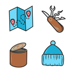 Camping vector color doodle icon cartoon set of objects and symbols