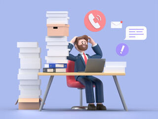 3D illustration of bearded american businessman Bob.Tired and exasperated office worker is grabbed his head among piles of papers and documents. Stress in the office. Rush work. 
