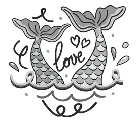 Two mermaid tails in waves. Love concept. Vector monochrome isolated illustration.