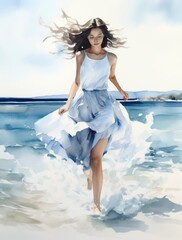 Fototapeta na wymiar Girl playing at the beach. Woman running on the beach. Vector illustration in Watercolor