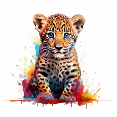 Foto op Plexiglas A cute baby jaguar on a white background. Watercolor illustration © Ziyasier
