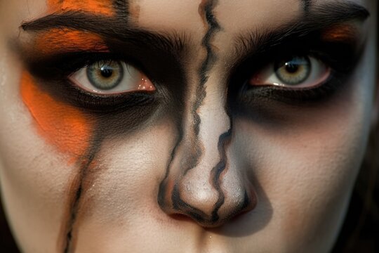 Close - up photo of a woman's face with Halloween makeup. Generative AI