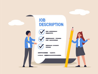 Job description concept. Qualification and requirement for job position, working scope document, duty and responsibility for employment, business people employer writing job description document. - obrazy, fototapety, plakaty