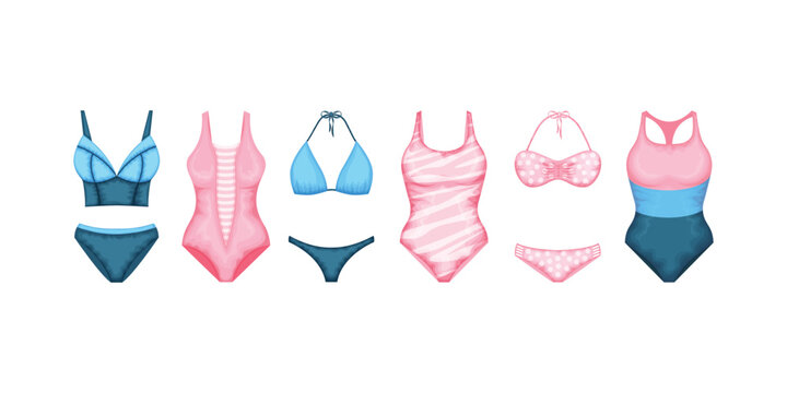 A set of swimsuits. A separate swimsuit and a one-piece swimsuit in pink, blue and blue colors. Collection of colored swimsuits. Clothes for a beach holiday. Women s clothing. Vector illustration.