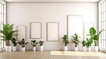 interior in a modern style,empty frame on the white wall, light colors, natural materials,big room space and a lot of light, cozy, lots of home plants,copy space, mockup. AI generated