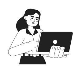 Fototapeta na wymiar Young adult woman with laptop smiling monochromatic flat vector character. Female secretary working. Editable thin line half body person on white. Simple bw cartoon spot image for web graphic design