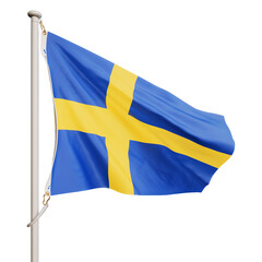 The flag of Sweden flutters in the wind. On a transparent background. 3d render illustration