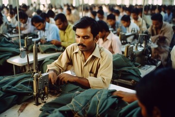 photo of asian seamstress male workers in textile factory sewing with industrial sewing machines. Generative AI